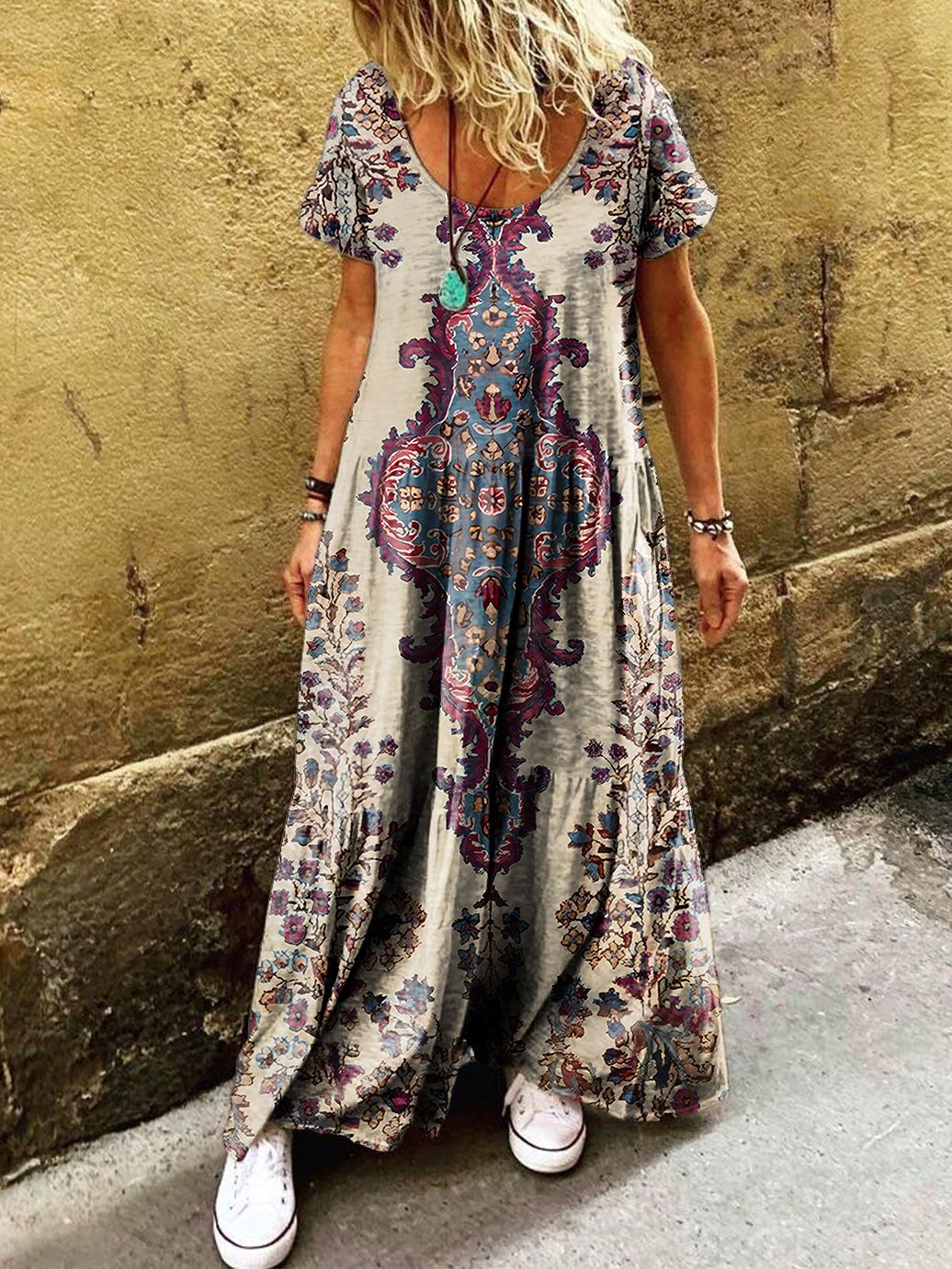 Women's Ethnic Pattern Art Printed Pocket Short Sleeve Cotton Dresses