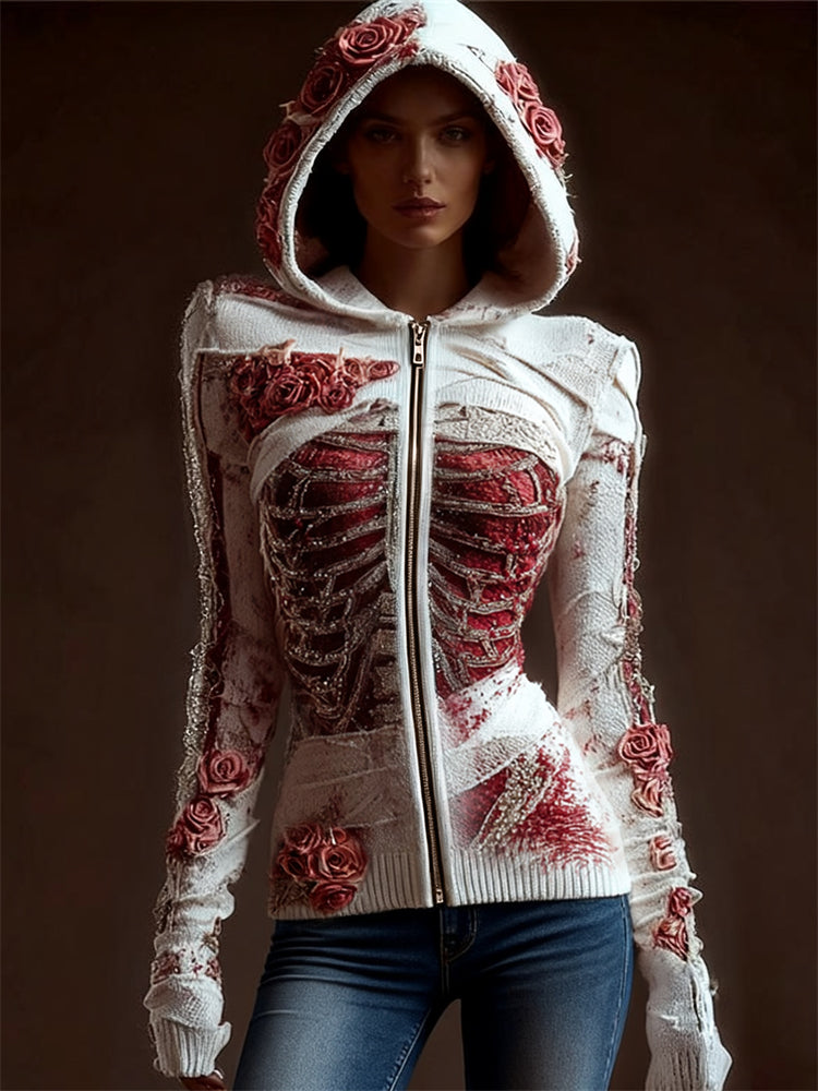 Comstylish Classy Skeleton Anatomy Bloody Roses Bandages Full Zip Hooded Sweater