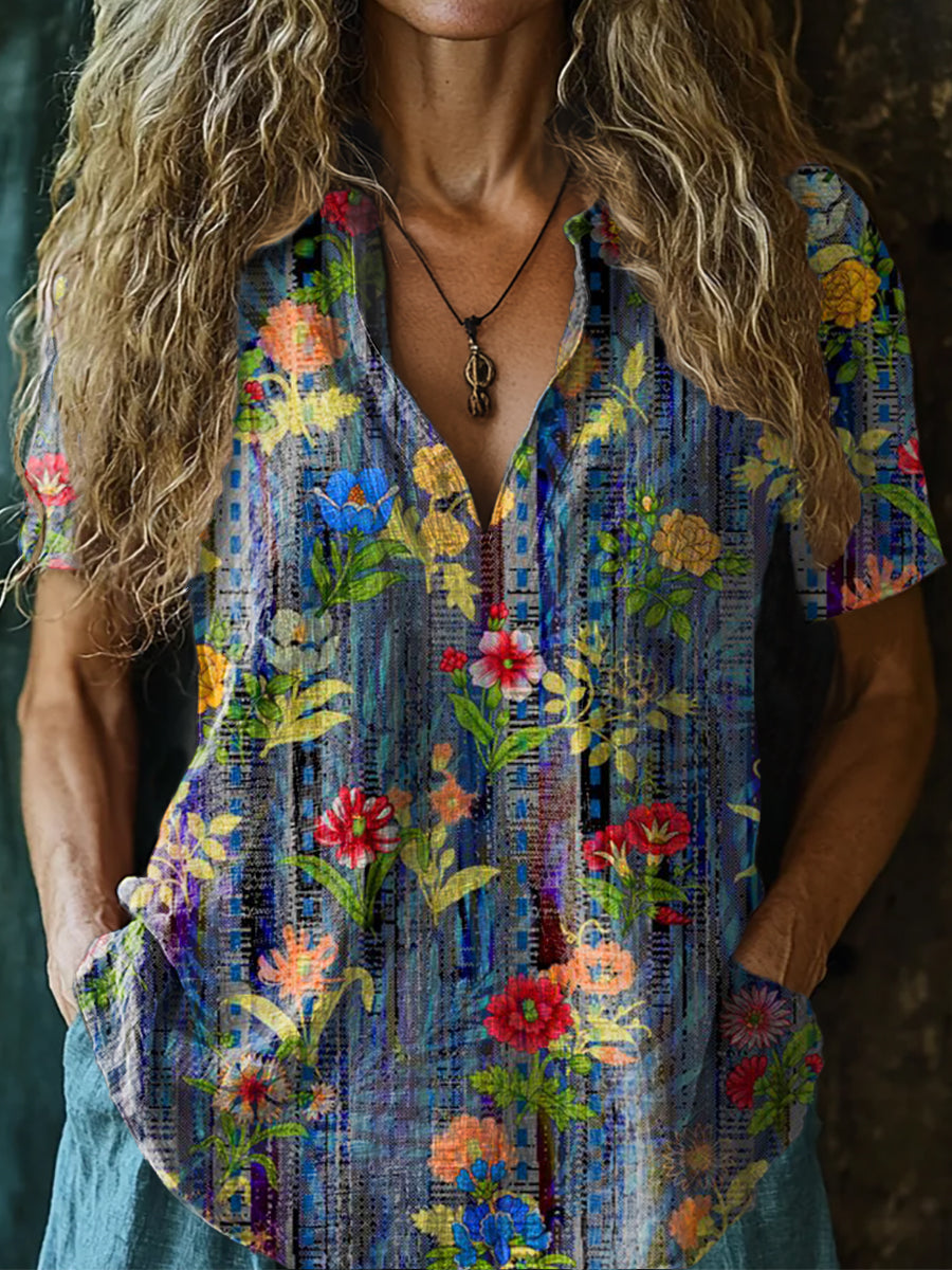 Women's Vintage Floral Art Print Casual Short Sleeve Comfortable Cotto