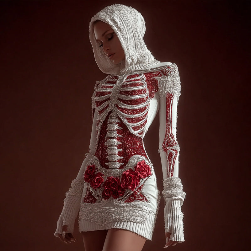 Women's Vintage Skeleton Roses Art Cozy Knit Hooded Mini Sweater Dress artswardrobe