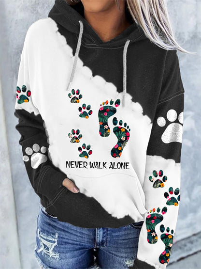 Comstylish Women's Never Walk Alone Floral Foot Dog Print Pocket Casual Hoodie