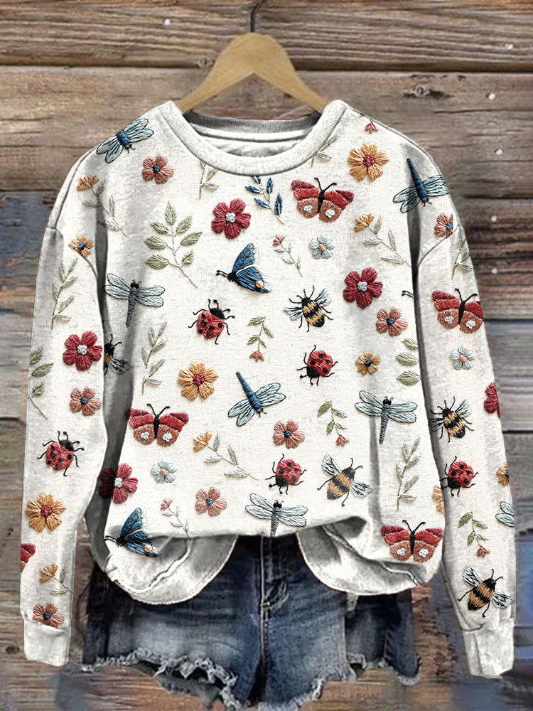 Insects Floral Embroidery Pattern Cozy Sweatshirt artswardrobe