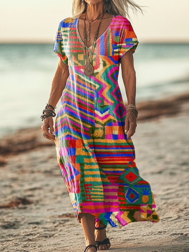 Women's Vintage Bohemian Pattern Art Print Pocket Cotton Dress