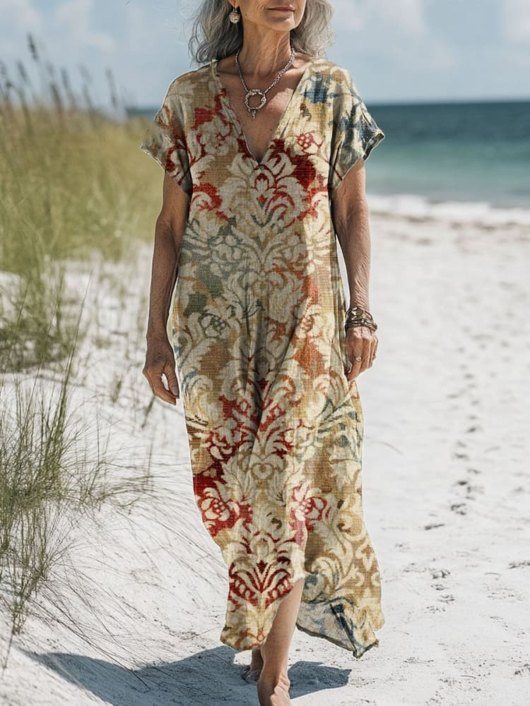 Women's Vintage Artistic Floral Pattern Print Pocket Cotton Dress