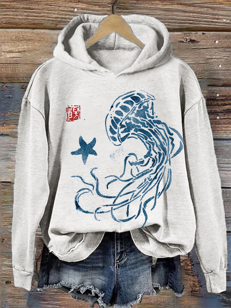 Comstylish Jellyfish & Starfish Japanese Lino Art Cozy Hoodie