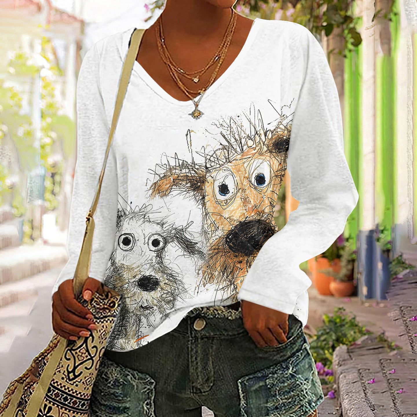 Comstylish Women's Sketch Cute Dogs Art Casual V Neck T-Shirt