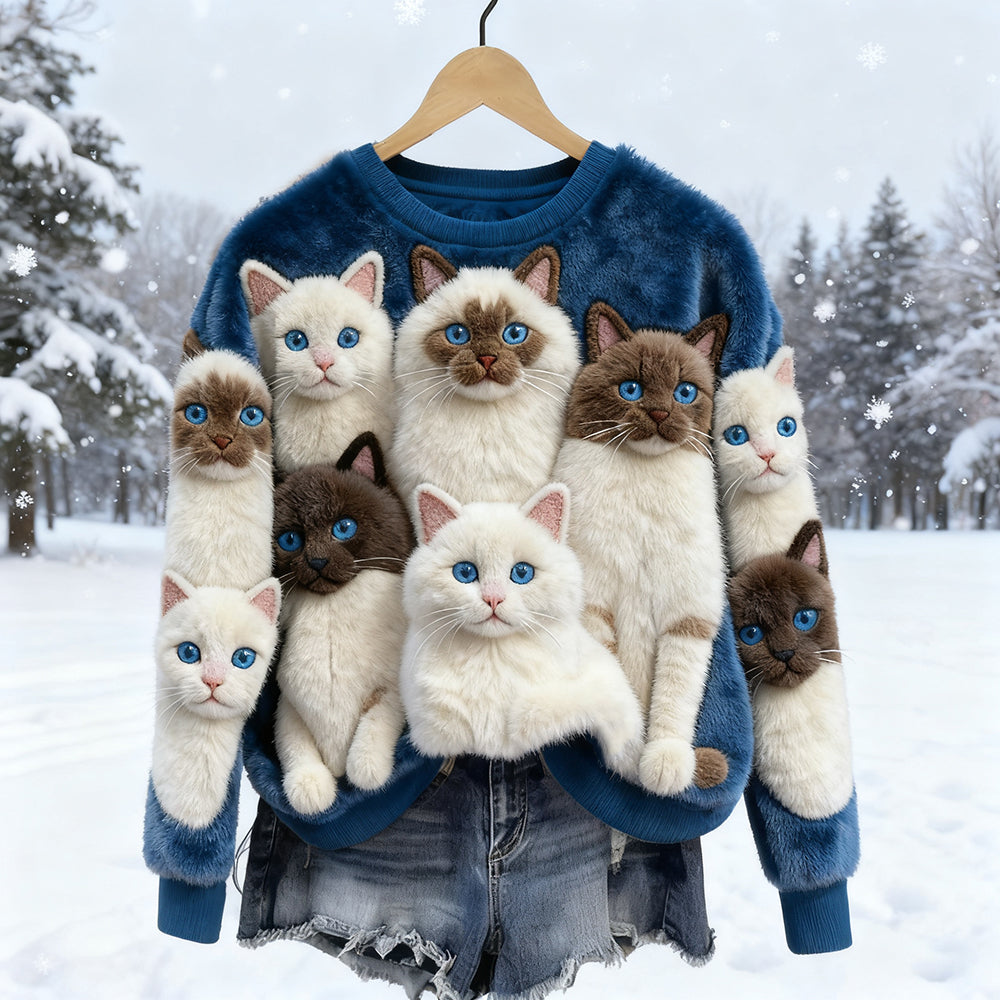 Comstylish Lovely Fluffy Cats Round Neck Cozy Plush Sweatshirt