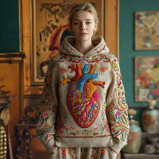 Women's Vintage Human Organ Flower Embroidery Art Knit Hooded Sweater artswardrobe