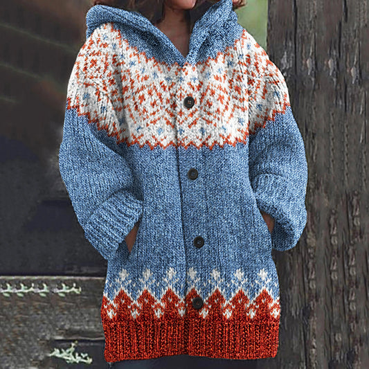Iceland Geometric Print Casual Knitted Hooded Cardigan elevenforest