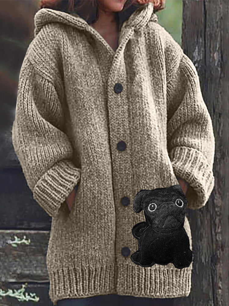 Comstylish Lovely Black Pug Dog Felt Cozy Knit Hooded Cardigan