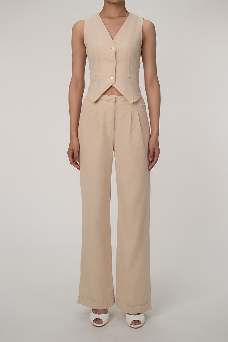 LP | Gilet casual con scollo a V e bottoni sul davanti, pantalone a gamba larga in due pezzi in cotone plissettato