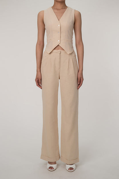 LP | Gilet casual con scollo a V e bottoni sul davanti, pantalone a gamba larga in due pezzi in cotone plissettato