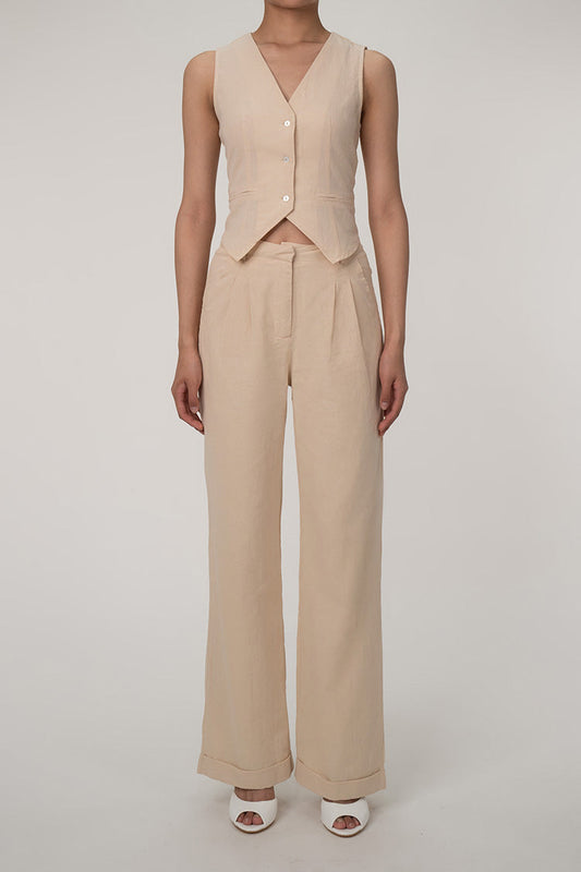 LP | Gilet casual con scollo a V e bottoni sul davanti, pantalone a gamba larga in due pezzi in cotone plissettato