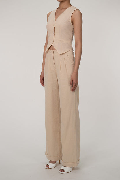 LP | Gilet casual con scollo a V e bottoni sul davanti, pantalone a gamba larga in due pezzi in cotone plissettato