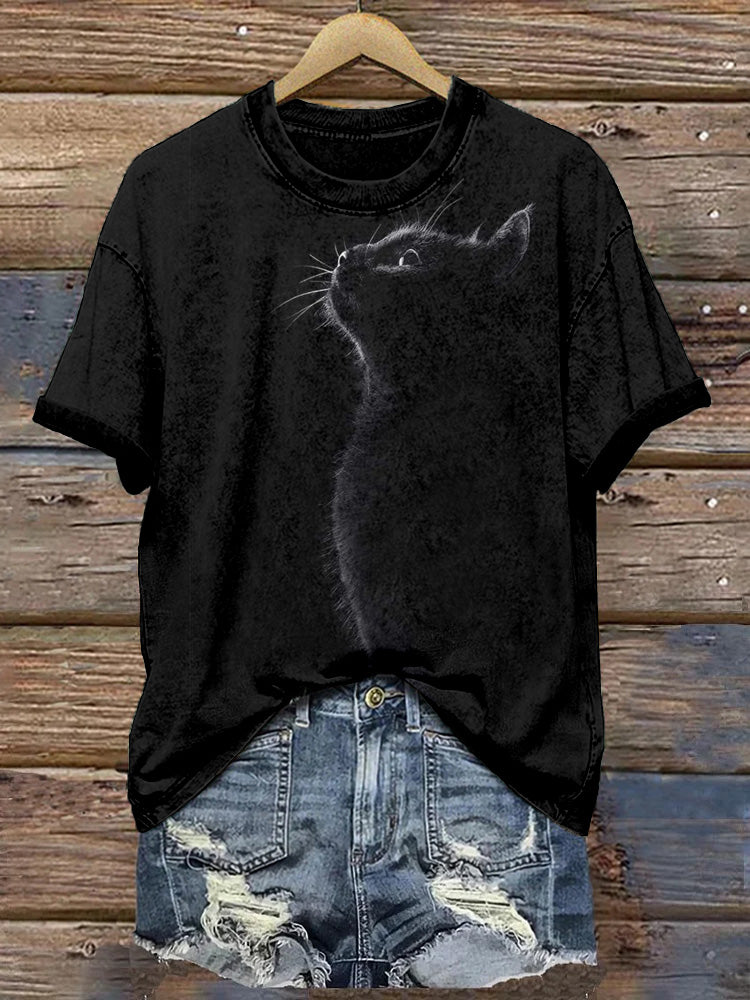Comstylish Cute Cat Silhouette Vintage Washed T Shirt