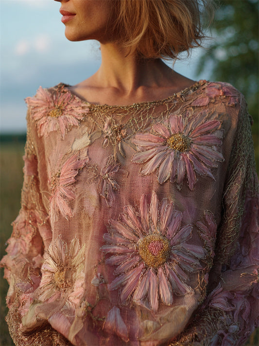 Comstylish Vintage Pink Daisies Glitter Embroidered Dyed Linen Tunic