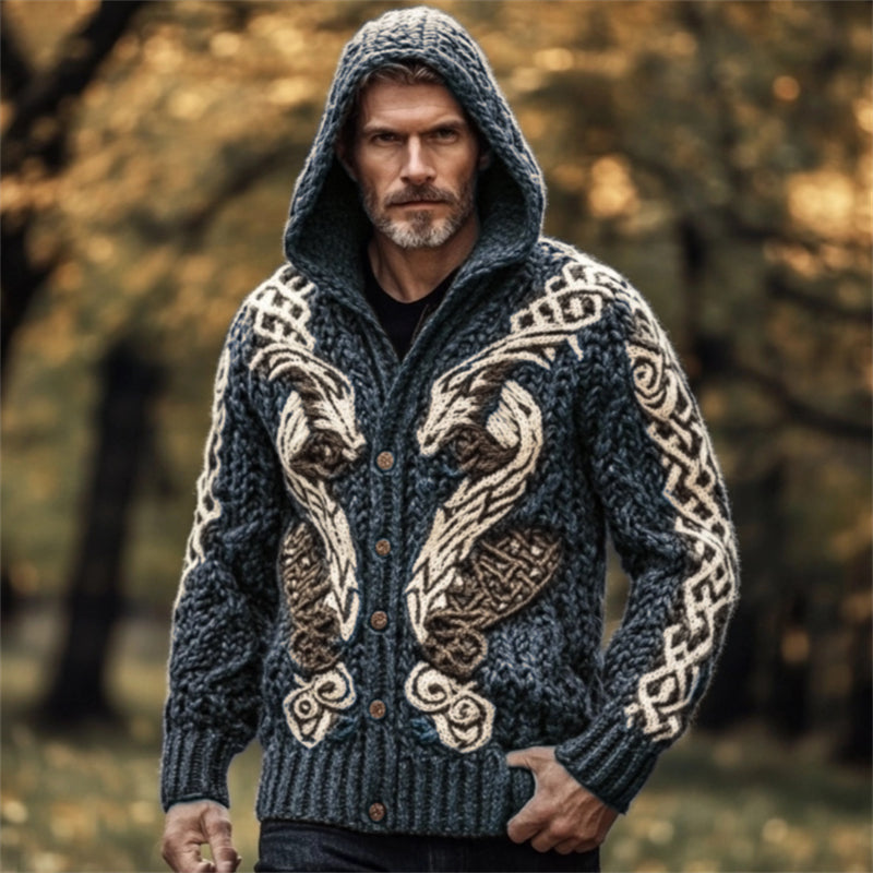 Men's Viking Wolf Celtic Chunky Hooded Cardigan elevenforest