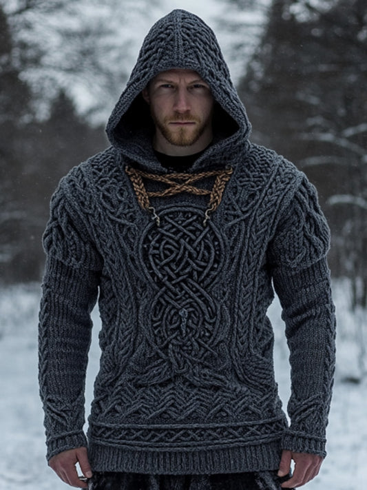 Men's Vintage Viking Inspired Celtic Jacquard Hooded Sweater elevenforest
