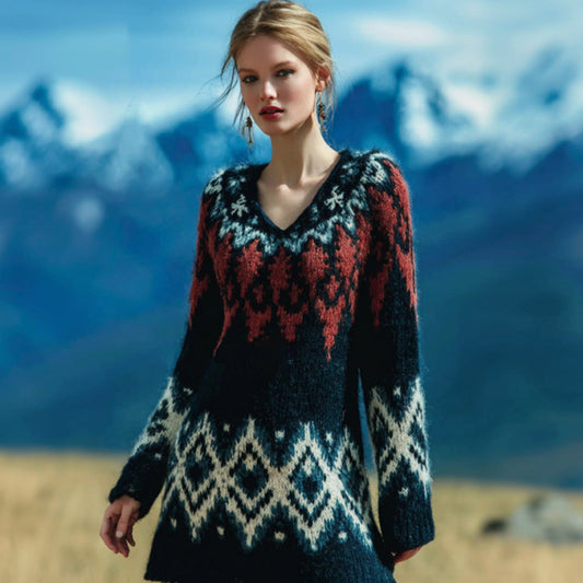 Women's Norwegian Icelandic Jacquard Cozy Knit V Neck Sweater Dress elevenforest