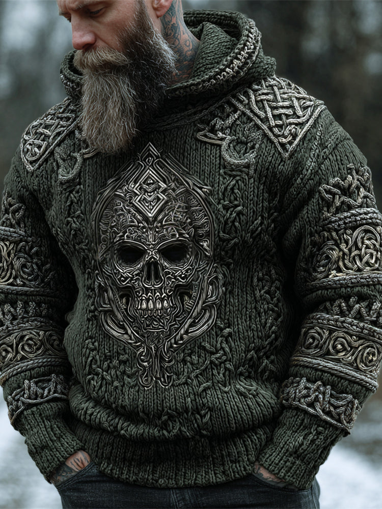 Viking Skull Celtic Knot Men's Chunky Knit Hooded Sweater artswardrobe