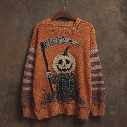 Halloween Pumpkin Ghoul Embroidered Striped Cozy Knitted Sweater elevenforest