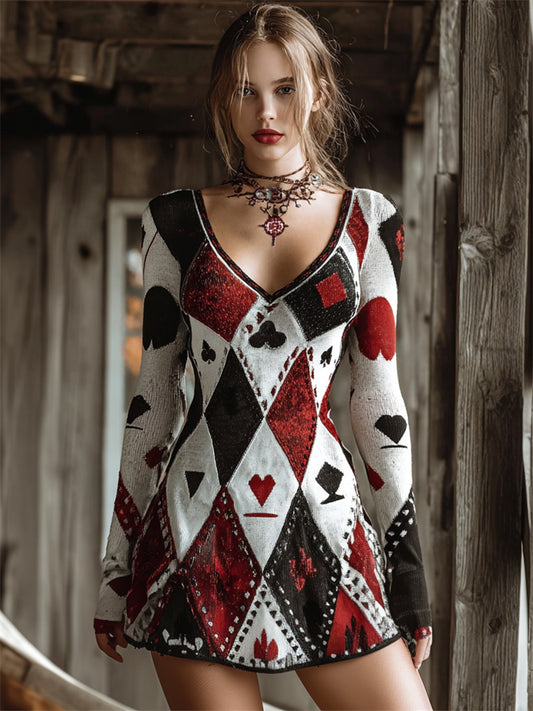 Halloween Clunt Pokers Diamond Pattern Comfy Sweater Dress artswardrobe