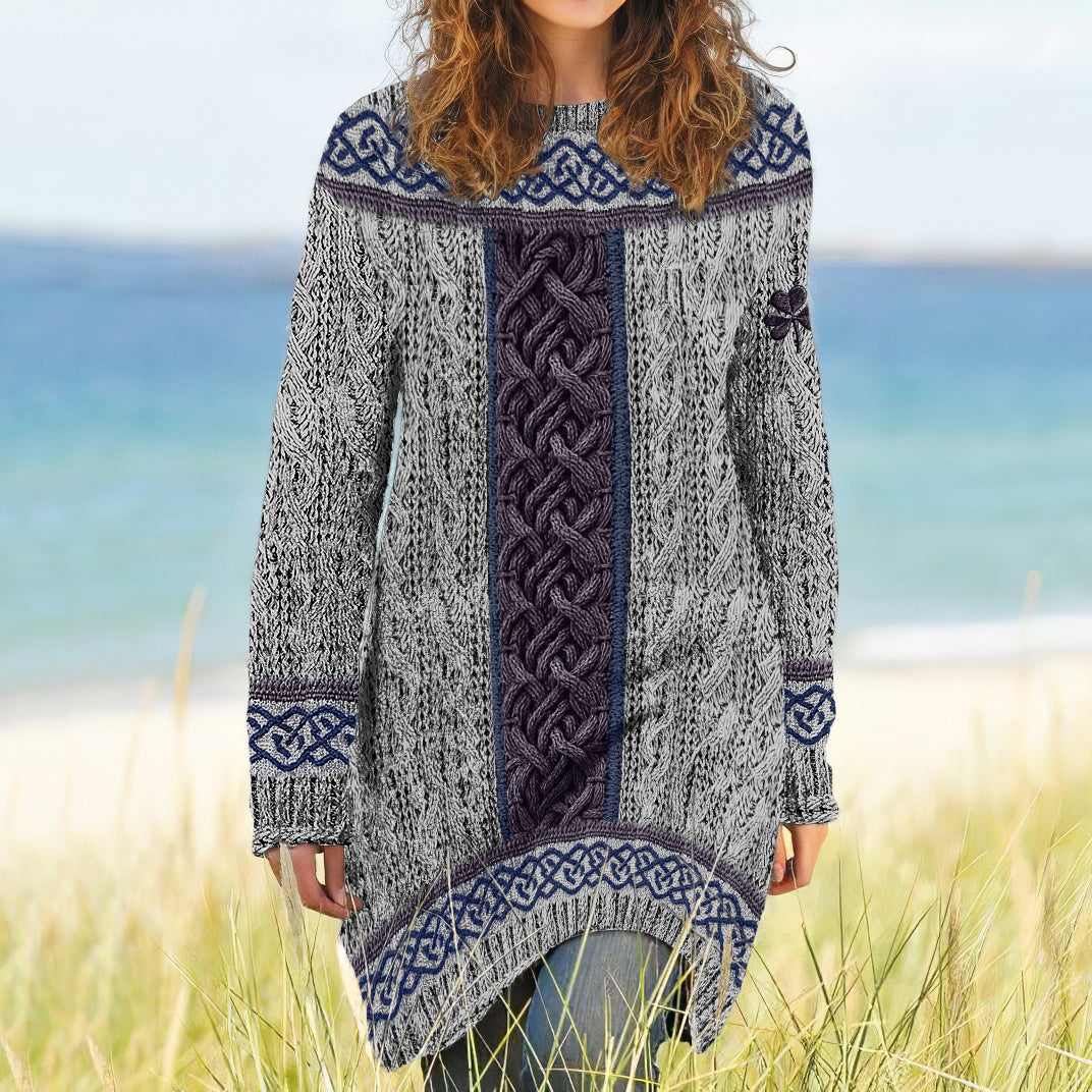 Women's Irish Celtic Knotted Shamrock Contrast Jacquard Sweater Dress artswardrobe