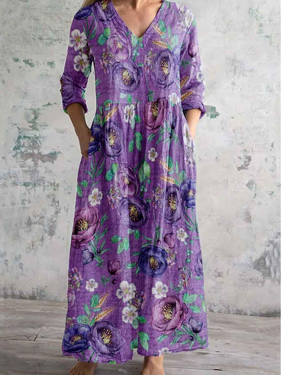 Women's V-Neck Purple Poppy Floral Cotton and Linen Dress with Pockets