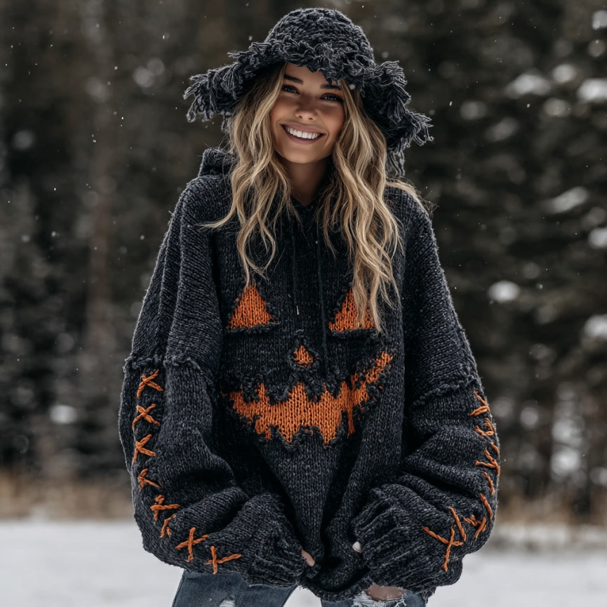 Women's Halloween Spooky Face Knit Hooded Sweater elevenforest