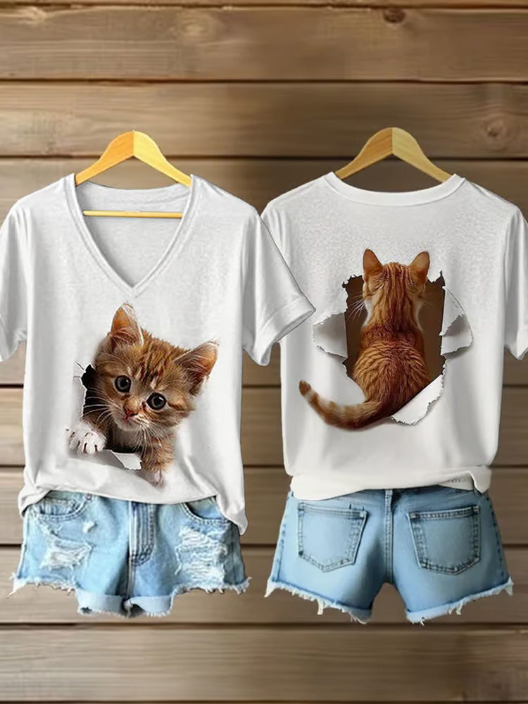 Women's Animal Print Cat Short Sleeve V Neck T-shirt