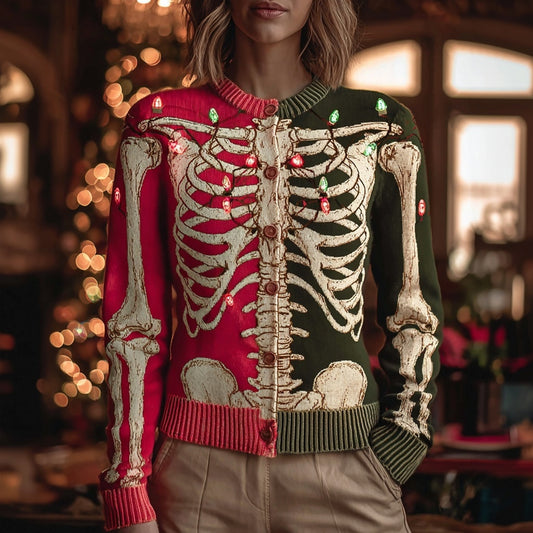 Comstylish Vintage Christmas Lights Tangled Skeleton Cozy Knit Cardigan