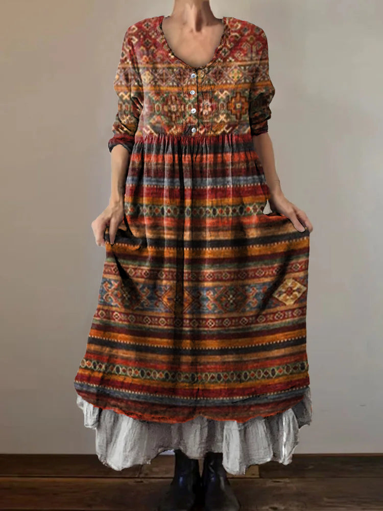 Women's Vintage Ethnic Collage Art Print V-Neck Button Pocket Cotton D