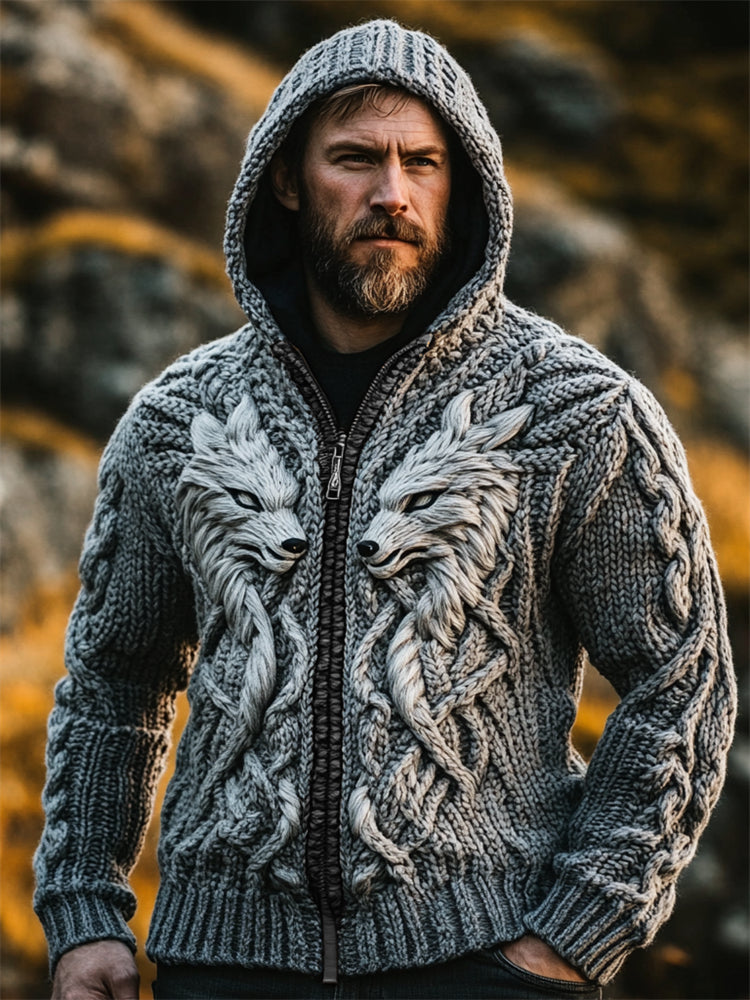 Men's Viking 3d Wolf Celtic Contrast Chunky Hooded Cardigan artswardrobe