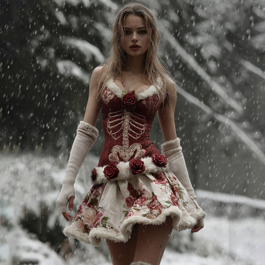 Comstylish Women's Vintage Halloween Skeleton & Rose Art Midi Dress