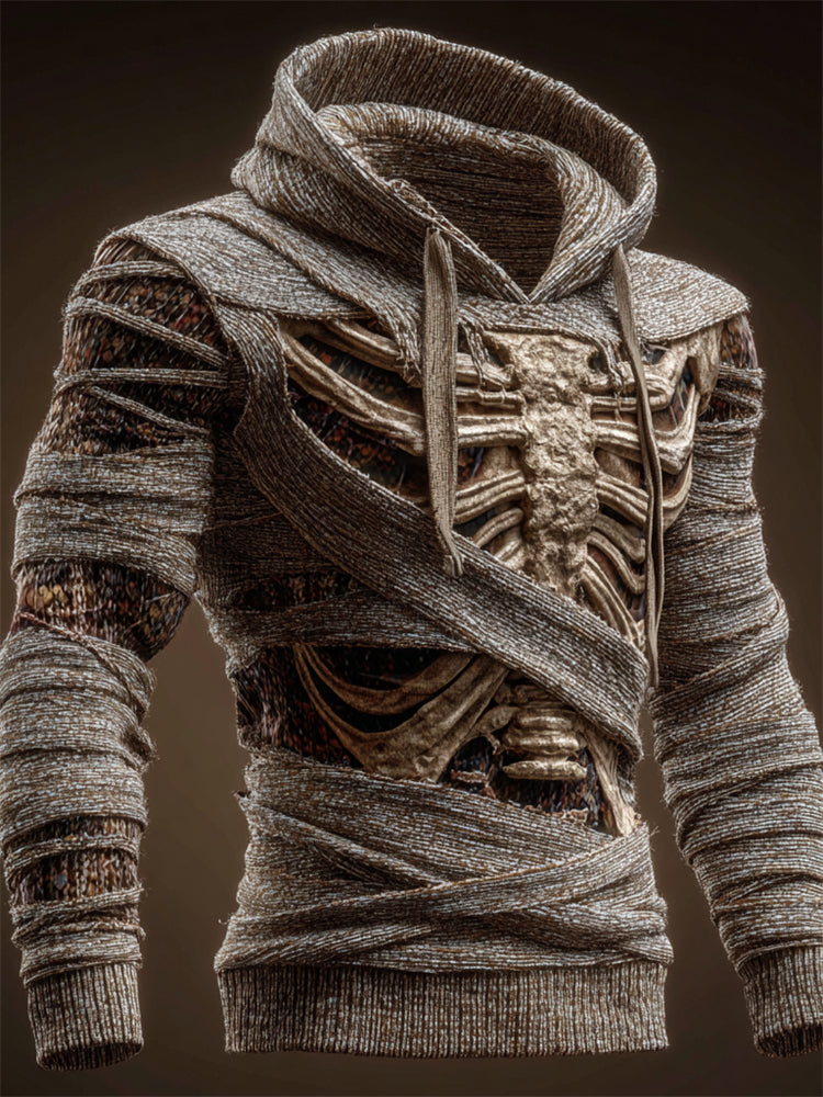 Men's Rib Cage Anatomy Mummy Bandages Cozy Knit Hooded Sweater artswardrobe