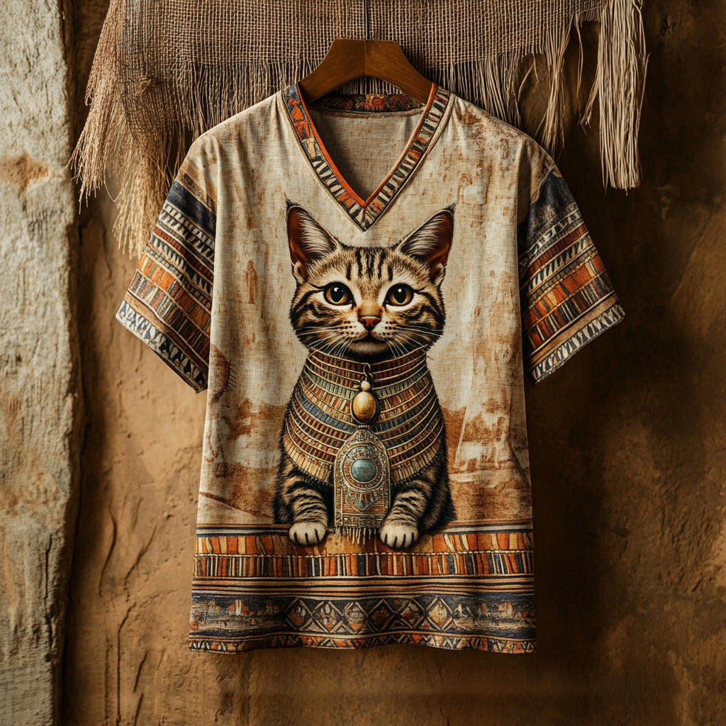 Retro Ancient Queen Of Egypt Cute Cat Art Linen Cotton Blend T-shirt