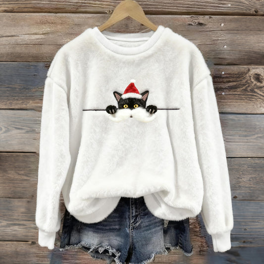 Women's Fun Christmas Black Cat Art Cozy Flannel Sweatshirt elevenforest