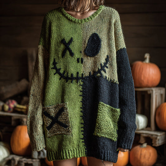 Halloween Spooky Face Contrast Stitching Comfortable Round Neck Knitted Sweater Dress elevenforest