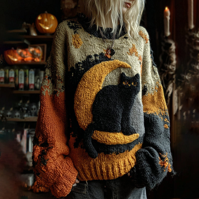 Halloween Black Cat Patchwork Art Cozy Knit Sweater elevenforest