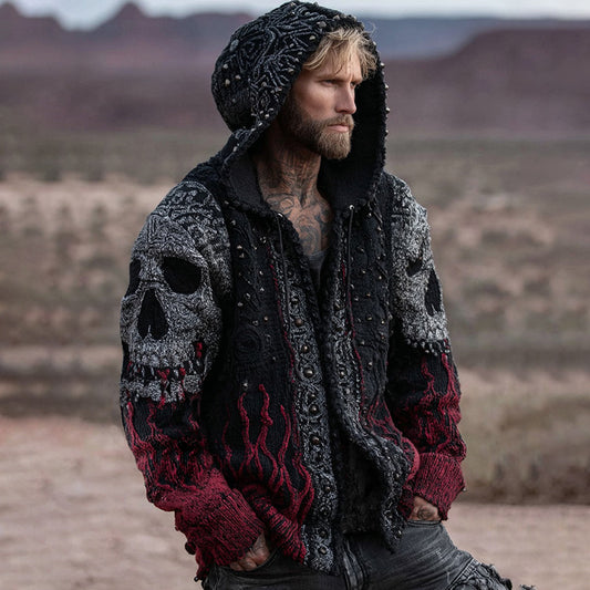 Men's Retro Skull And Flame Inspired Knitted Cozy Zipper Up Hooded Cardigan elevenforest