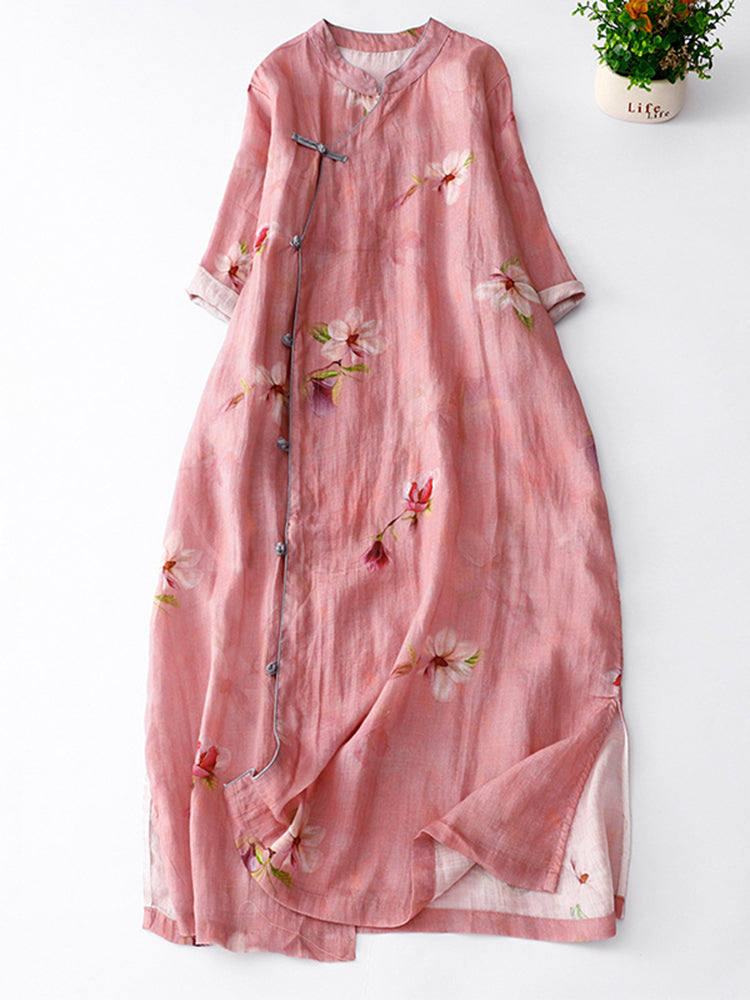 Vintage Japanese Art Floral Cotton Linen Maxi Dress