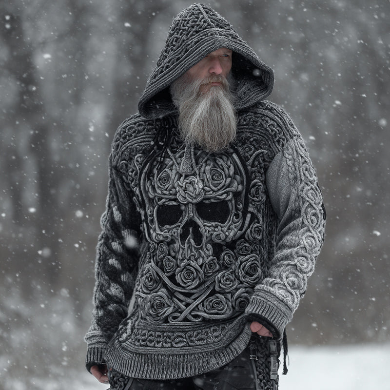Men's Viking Tribal Jacquard Celtic With Rose And Skull Face Inspired Chunky Knit Hooded Sweater elevenforest