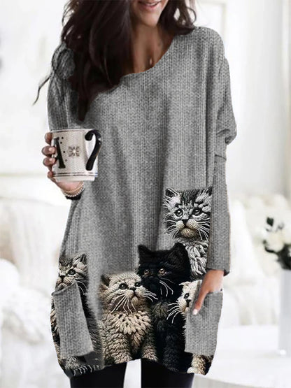 Comstylish Fuzzy Cats Crochet Art Patch Pocket Cozy Knit Cardigan