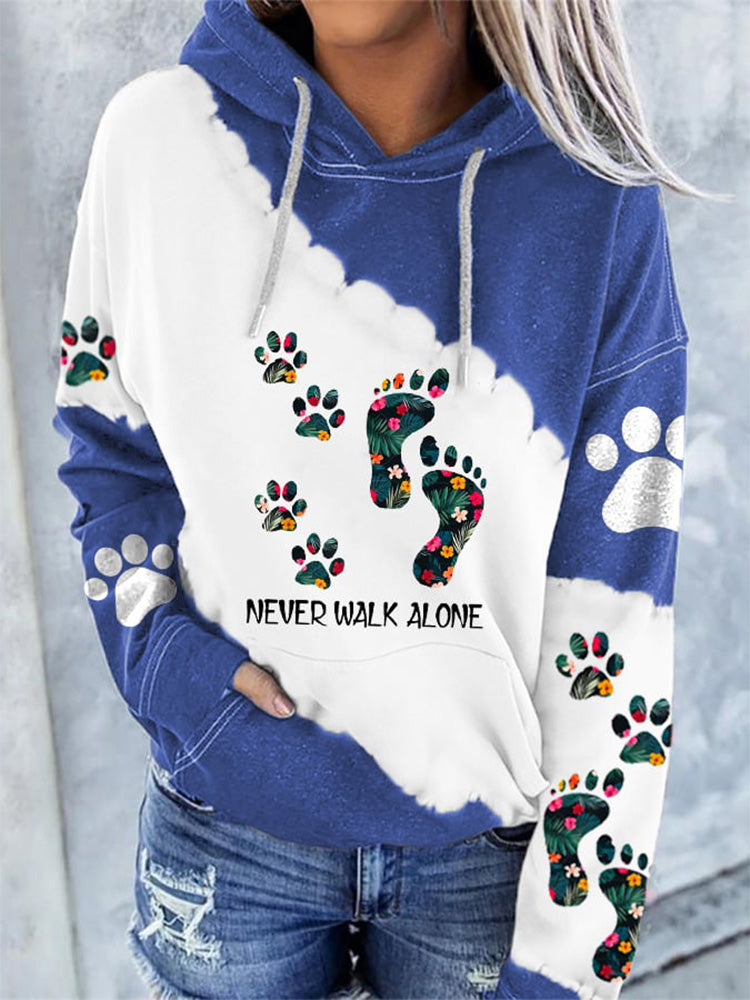 Comstylish Women's Never Walk Alone Floral Foot Dog Print Pocket Casual Hoodie