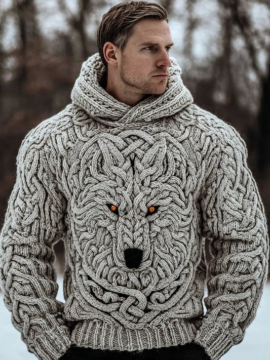 Men's Viking Inspired Celtic Wolf Chunky Hooded Sweater artswardrobe