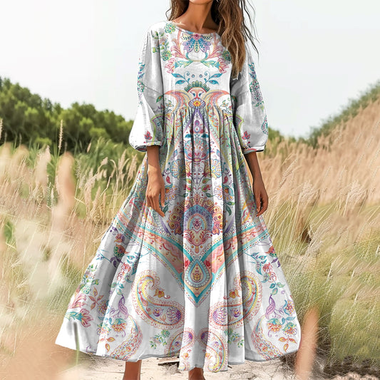 Women's Floral Embellished Pattern Art Print Cotton Crew Neck Dress