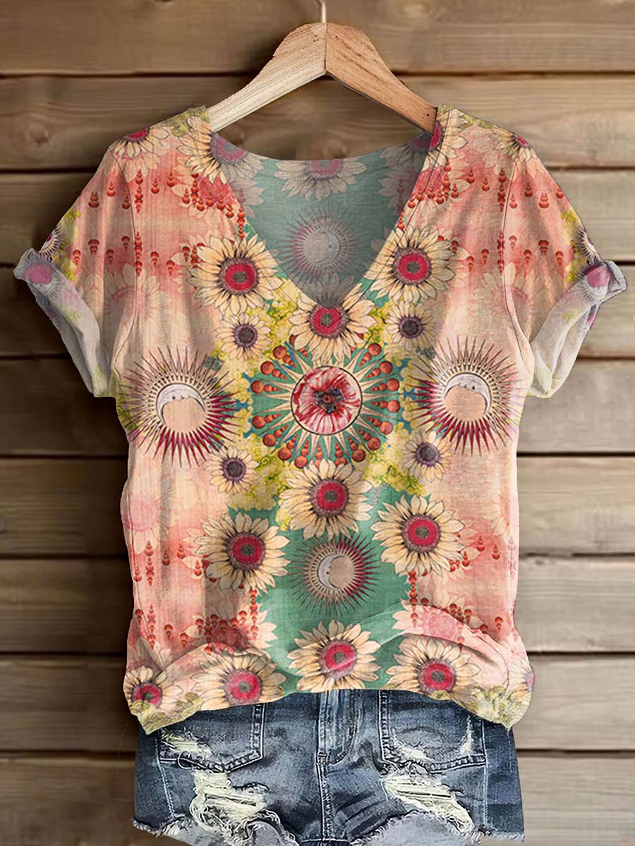 Women's Floral Embellished Graphic Art Print V-Neck Casual T-Shirt