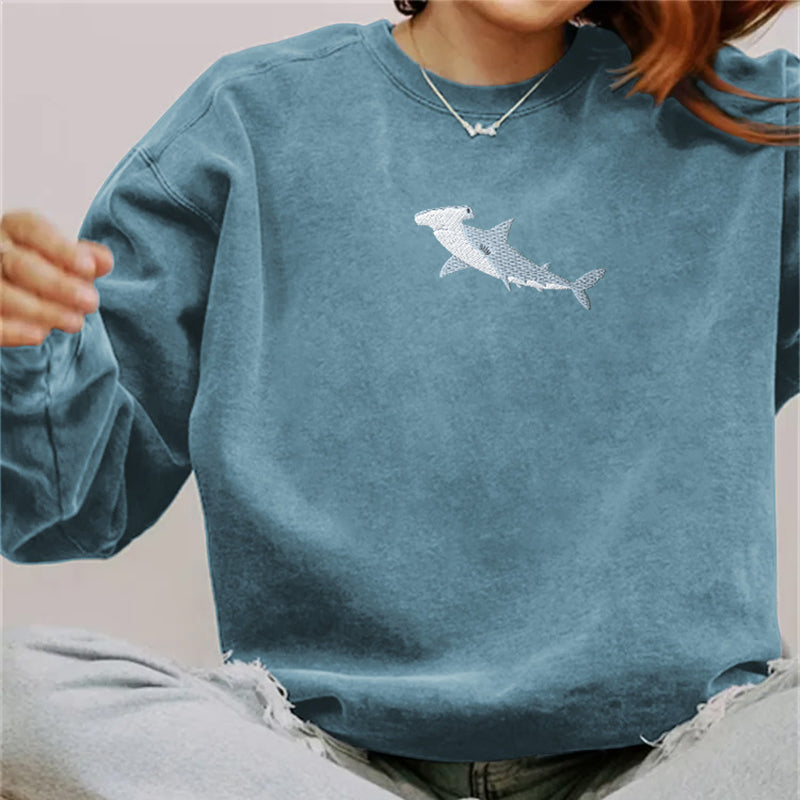 Comstylish Shark Print Long Sleeve Casual Sweatshirt