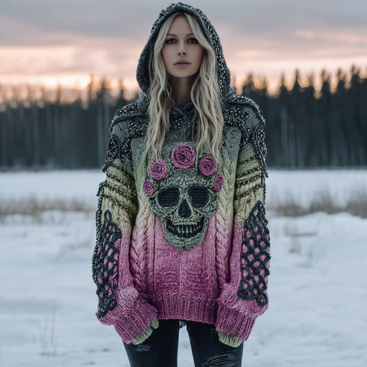 Women's Vintage Skull Flower Gradient Art Cozy Knitted Hooded Sweater artswardrobe
