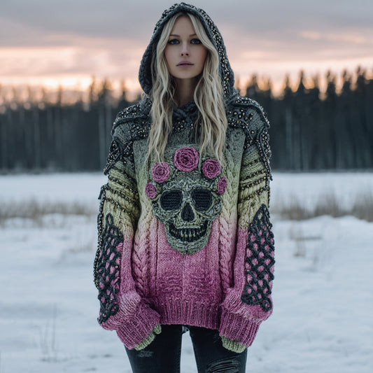 Women's Vintage Skull Flower Gradient Art Cozy Knitted Hooded Sweater artswardrobe